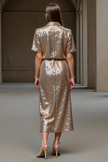 Sheath Lapel Midi Champagne Work Dress With Sequins
